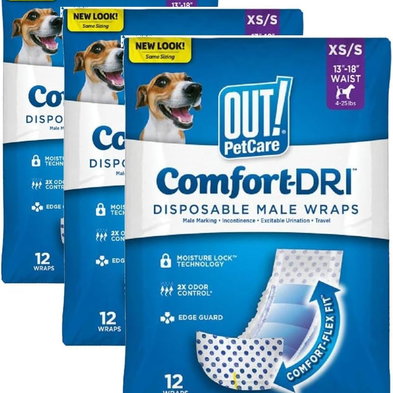 OUT! PetCare Male Dog Diapers, Disposable Belly Bands, XS/S, 32 Count | Dog Belly Bands, Potty Training, Incontinence Support, Leak Proof, Disposable Wraps, Male Wrap, Puppy Essentials, Dog Wrap