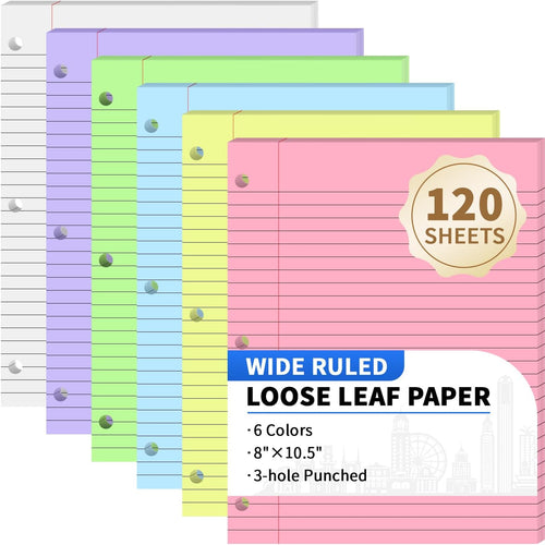 120 Sheets Loose Leaf Binder Paper, 6-Color Wide Ruled Lined Paper, 8” x 10.5”, 3-Hole Punched Notebook Paper Writing Paper for School Office
