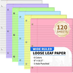 120 Sheets Loose Leaf Binder Paper, 6-Color Wide Ruled Lined Paper, 8” x 10.5”, 3-Hole Punched Notebook Paper Writing Paper for School Office