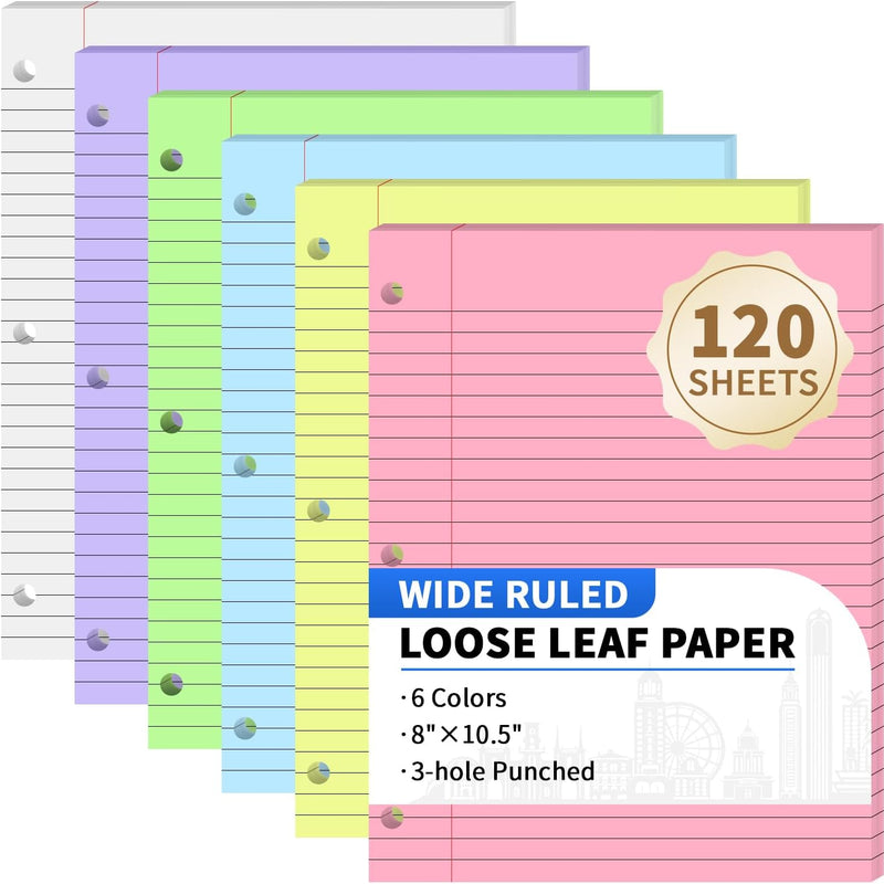 120 Sheets Loose Leaf Binder Paper, 6-Color Wide Ruled Lined Paper, 8” x 10.5”, 3-Hole Punched Notebook Paper Writing Paper for School Office