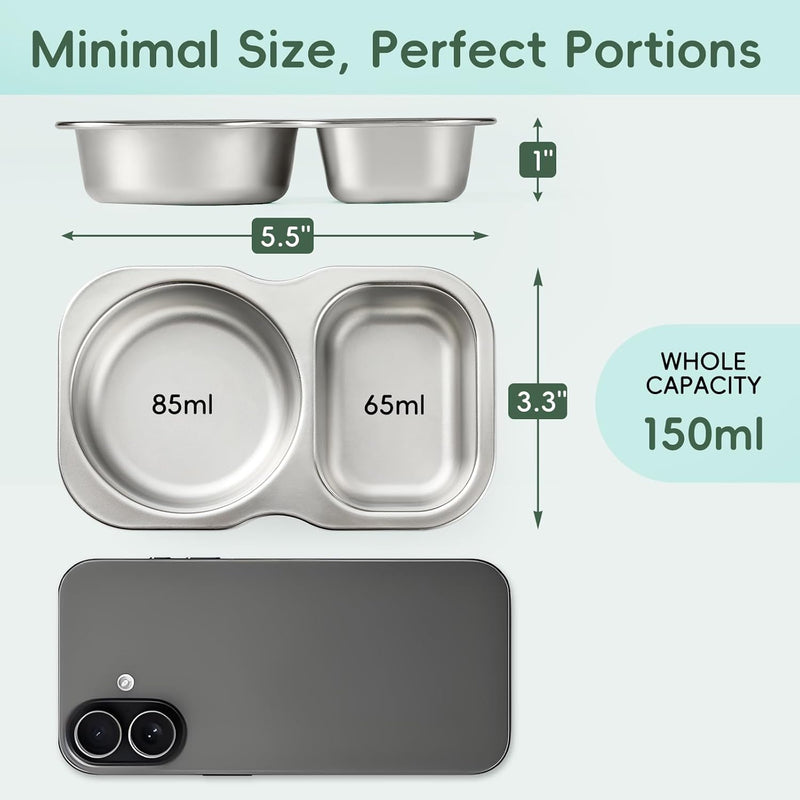 VITEVER 4 Pack Small Stainless Steel 2-Compartment Snack Containers with Lids, Reusable Snack Pack Containers, Lunch Box Accessories,Double Compartment Salad Dressing Containers to Go, 5.3oz