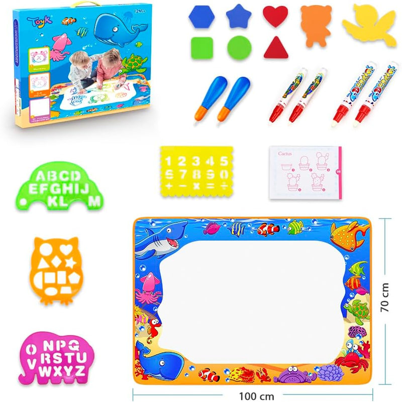 water doodle mat for kids with 6 magic pens, reusable, no ink, no paint, water-resistant