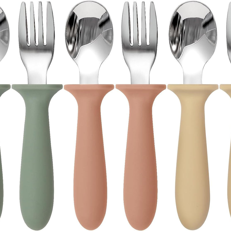Eascrozn Toddler Utensils, 6 Pack Children Safe Forks and Spoons Set | kids Silverware Set with Silicone Handle, 18/8 Stainless Steel, BPA Free, Dishwasher Safe