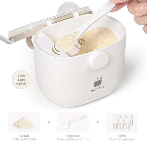Termichy Baby Formula Dispenser for Travel: Portable Container with Scoop | 8.8oz(250g) Formula Container with Carry Handle for Weekend Trips & Overnight - Leak-Proof Silicone Seal Keeps Powder Fresh
