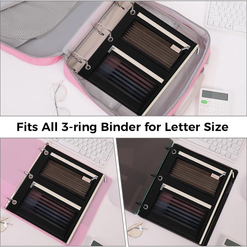 SKYDUE Pencil Pouch for Binder, Pencil Case, 3 Ring Binder Pencil Pouch with 3 Pockets and Mesh Window, Zipper Pencil Pouch, Durable Organizer for School Supplies, Cables, Earbuds, Makeup