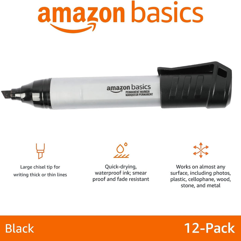 Amazon Basics Large Chisel Tip Permanent Markers, Quick Drying, Fade Resistant, Black, 12-Pack