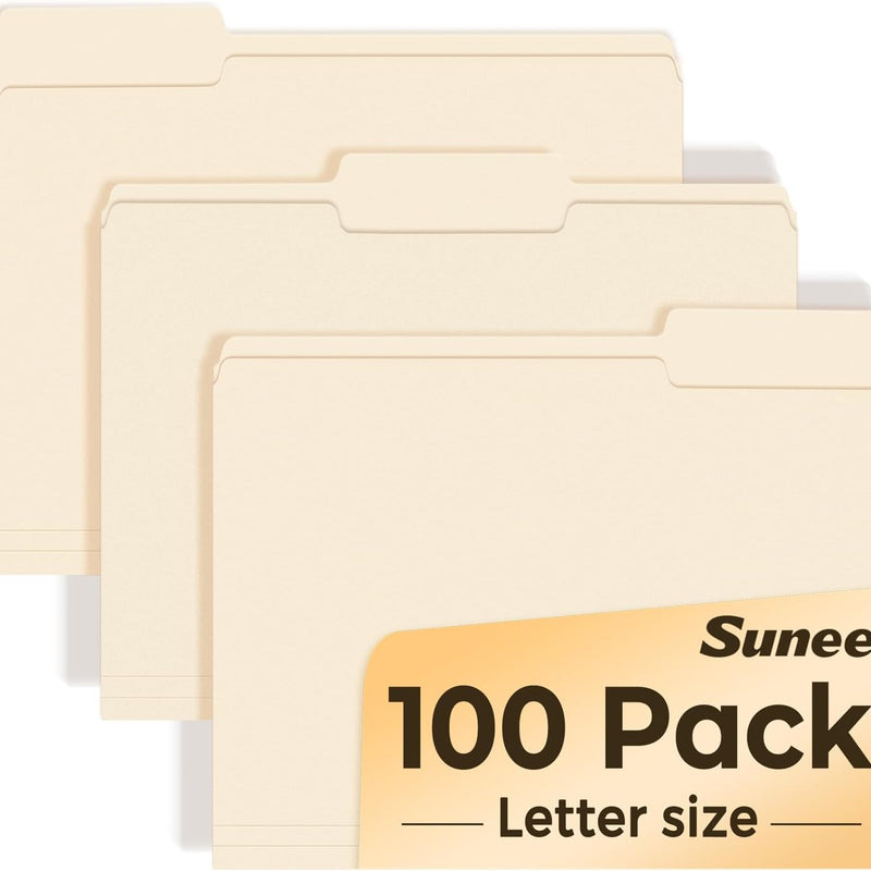 SUNEE Manilla Folders Letter Size (8.5 x 11 inches),100 Per Box, 1/3 Cut Tab for Easy Labeling and Organization, Durable Standard Paper for Home, Office, School Filing