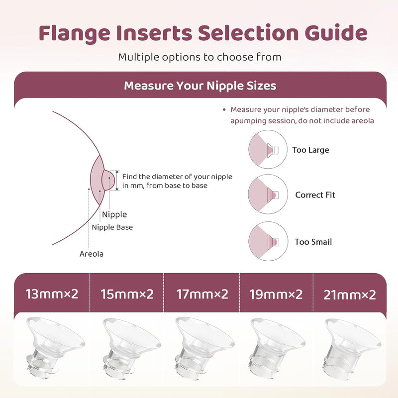 Nursi Luna Flange Sizing Kit, Flange Inserts for 24mm Breast Pumps, 10PCS | 13/15/17/19/21mm, Includes Nipple Sizer for Flanges to Find the Right Fit, Soft Silicone for Comfortable & Efficient Pumping