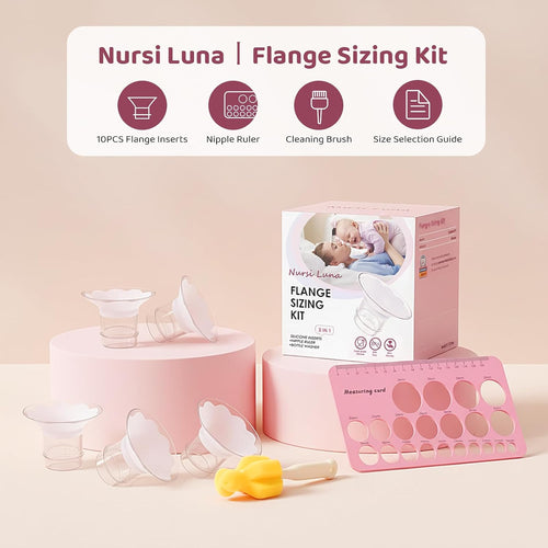 Nursi Luna Flange Sizing Kit for 24mm Breast Pumps, 10PCS | 13/15/17/19/21mm Flange Inserts, Nipple Measurement Tool, Fit Electric & Manual Pumps, Soft Silicone, Comfortable Pumping