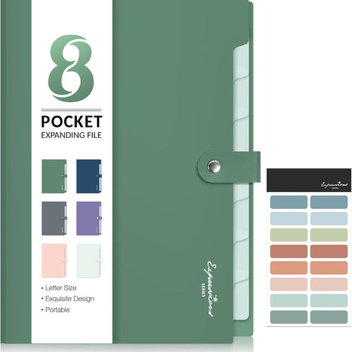 Sooez Elegant Accordion File Organizer, 8 Pocket Expanding File Folders with Labels, Portable Folder for Documents, Cute Paper Organizer for School Office Supplies, Letter Size, Dark Green