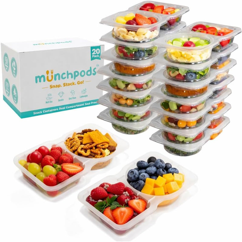 Reusable Snack Containers with Lids 20 Pack (40 Pieces) Portion control, Snack Pack Containers 2 Double Compartment Snack Containers for Kids On the Go Meals, Camping Snack Tray Prep