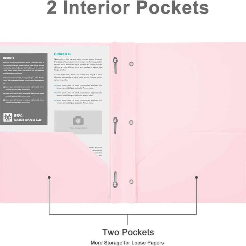 Two-Pocket-Folders with 3 Prongs, Letter Size Plastic Folders with Pockets and Prongs, Poly Plastic Folders for Office & School. 6 Pastel Colors (Pink - 6 Packs)