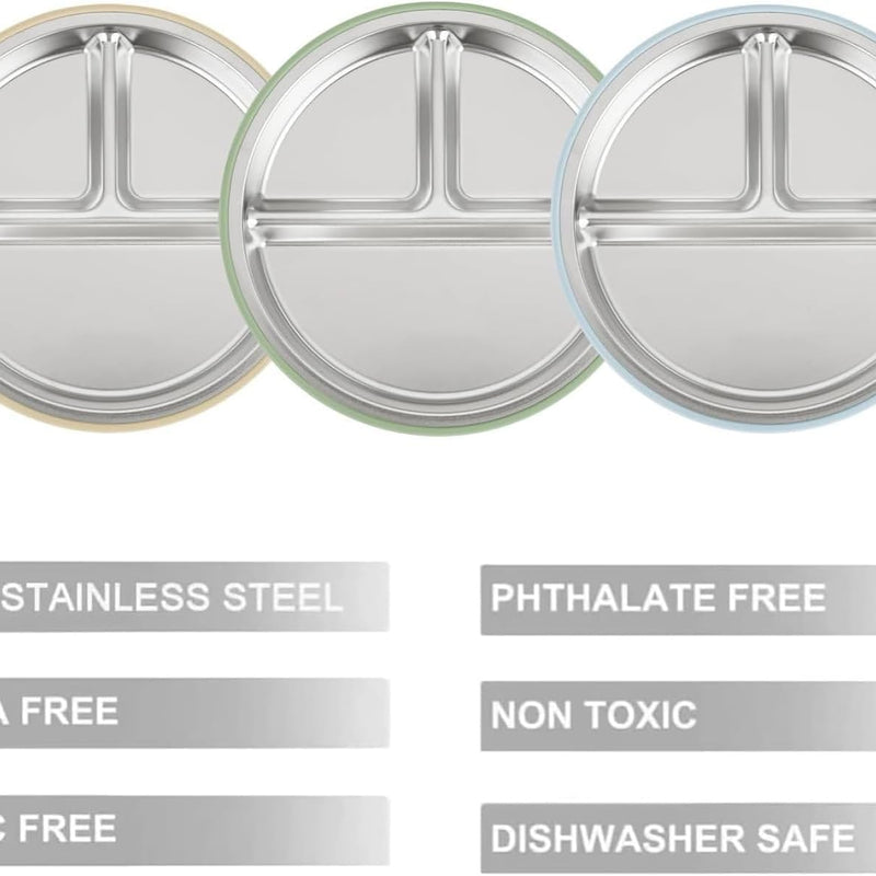 PandaEar 3 Pack Stainless Steel Baby Suction Plates, Divided Toddler Plate for Baby Led Weaning Supplies, Non-Slip Toddler Baby Feeding Set Dishwasher Safe (Blue/Green/Brown)