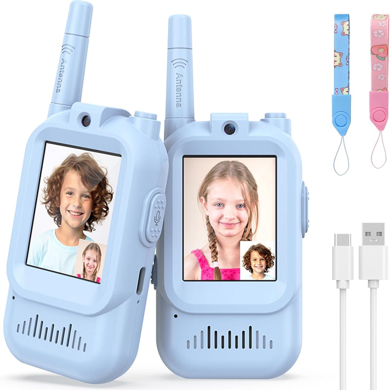 Rechargeable Long Range Walkie Talkies for Kids, 2 Pack, Age 3-5, Outdoor Use, Video and Voice Chat, Pink and Blue Design