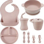 PandaEar Silicone Baby Feeding Set | 9PCS Baby Led Weaning Supplies Self Feeding Utensils | Divided Suction Plate Bowl Bibs Sippy Cup with Baby Snack Container Spoons Forks (Pink)