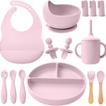 Silicone Baby Feeding Set 14 Pcs, Baby Led Weaning Set, 6M+, Blue Gray | Self-Feeding Utensils, Divided Plate, Suction Bowl, Bib, Cup, Finger Brush, Training Spoons, Microwave and Dishwasher Safe