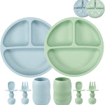 PandaEar Silicone Baby Feeding Set with Divided Suction Plate | 2 Pack Suction Plates, 2 Pack Tiny Cups, 2 Spoons & 2 Forks, Baby Led Weaning, Self Feeding Utensils, Light Tan/Walnut