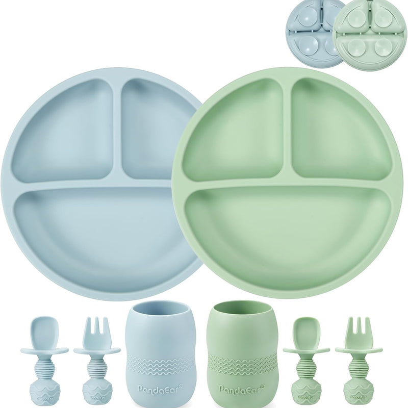 PandaEar Silicone Baby Feeding Set with Divided Suction Plate | 2 Pack Suction Plates, 2 Pack Tiny Cups, 2 Spoons & 2 Forks, Baby Led Weaning, Self Feeding Utensils, Light Tan/Walnut
