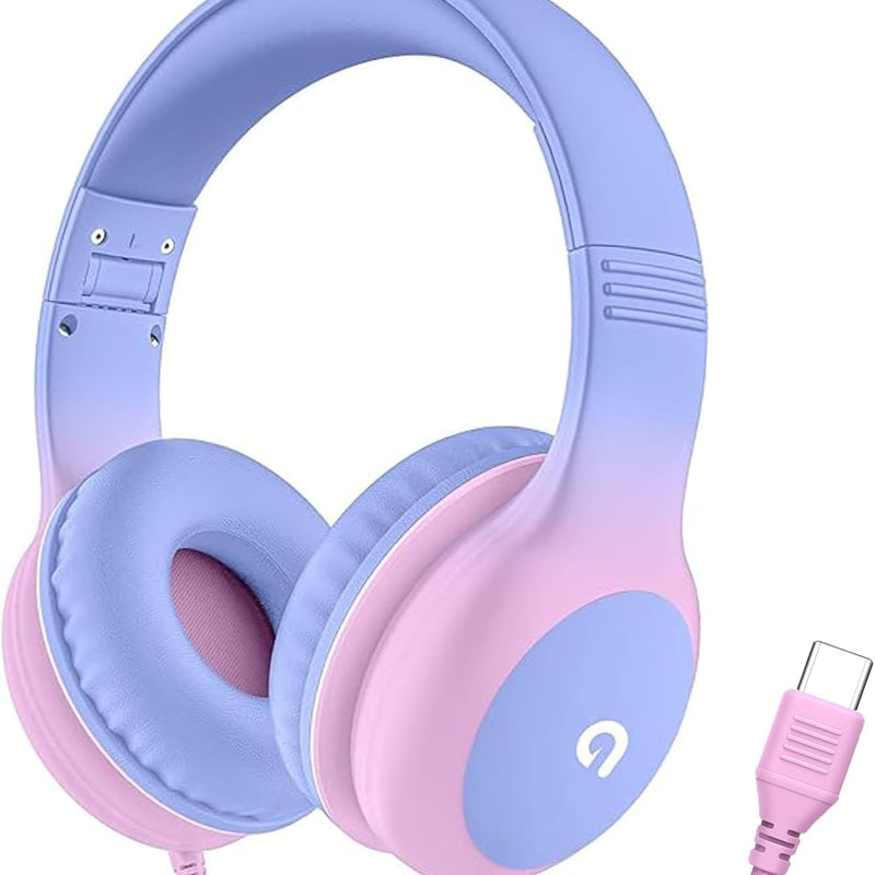 ADOOPE Wired Kids Headphones with USB C Plug, 85dB Safe Volume, Adjustable Headband, Tangle-Free Cord Headphones for School, Tablet, Travel (Light Purple & Pink, Without Microphone)