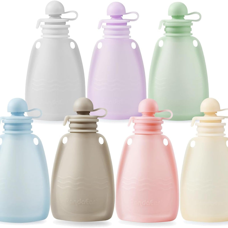 PandaEar 7 Pack Silicone Baby Food Pouches, Reusable Squeeze Pouches | BPA Free Silicone Pouches With Cleaning Brush for Toddler Kids, Refillable Food Storage, 5oz, Freezer & Dishwasher Safe