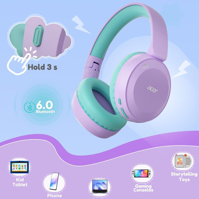 Acer Kids Bluetooth Headphones, 85/94dB Volume Limited, 60H Playtime, Bluetooth 6.0, Lightweight Over-Ear Wireless Headphones for Kids, Toddler Headphones with Built-in Mic, Purple-Green