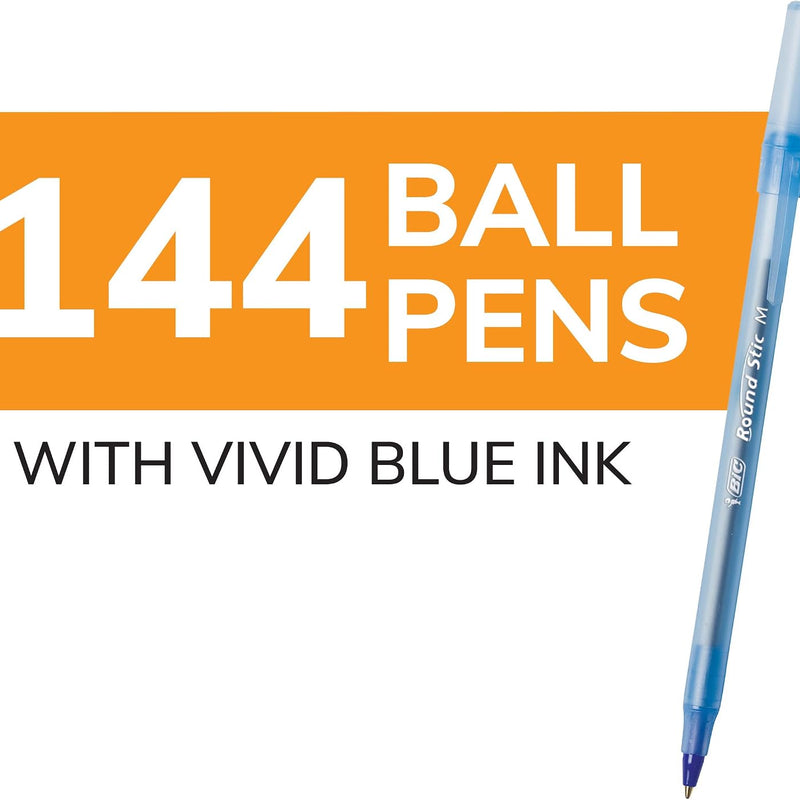 BIC Round Stic Xtra Life Blue Ballpoint Pens, Medium Point (1.0mm), 144-Count Pack of Bulk Pens, Flexible Round Barrel for Writing Comfort, No. 1 Selling Ballpoint Pens