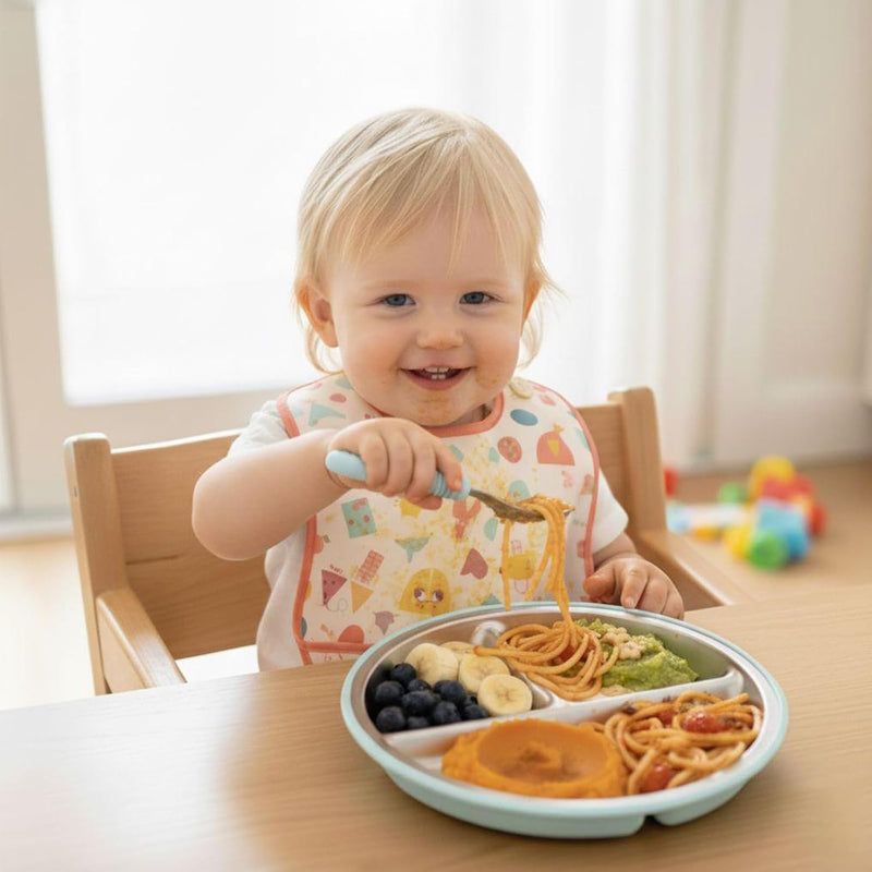 PandaEar 2 Pack Stainless Steel Baby Suction Plates & 2 Pack Spoons, Toddler Utensils Baby Feeding Set, Divided Plates for Baby Led Weaning Supplies, BPA-Free (Blue/Green)