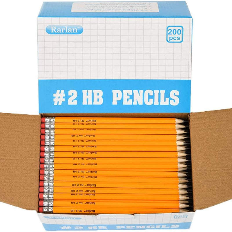Rarlan Wood-Cased #2 HB Pencils, Pre-sharpened, 200 Count Bulk Pack | Classroom Pencils with Erasers for School and Teacher Supplies, Writing, Drawing and Sketching, Back to School