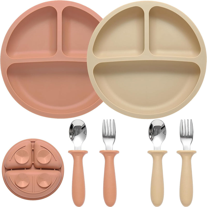 Eascrozn 2 Pack Silicone Suction Plates for Baby, Spoons and Forks Set | Baby Feeding Set, Divided, BPA Free, Baby Led Weaning Supplies for Toddler Utensils, Dishwasher Safe