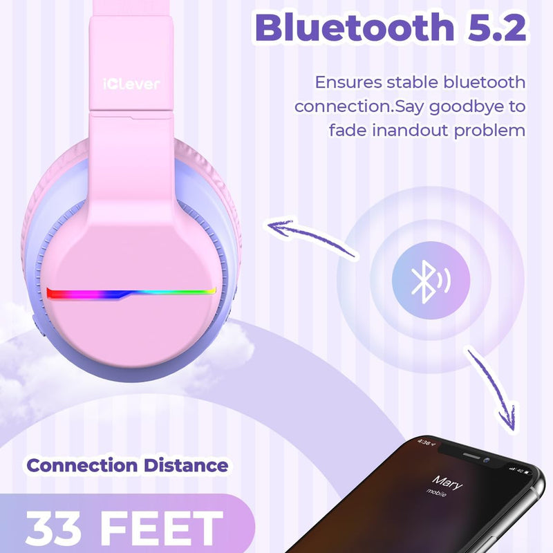 iClever BTH12 Kids Bluetooth Headphones 85H Playtime with LED Lights Travel | SafeSound Tech, Stereo Sound, USB C Charging AUX Cable Over Ear Built-in Mic, Kids Wireless Headphones for Toddler Boys Girls