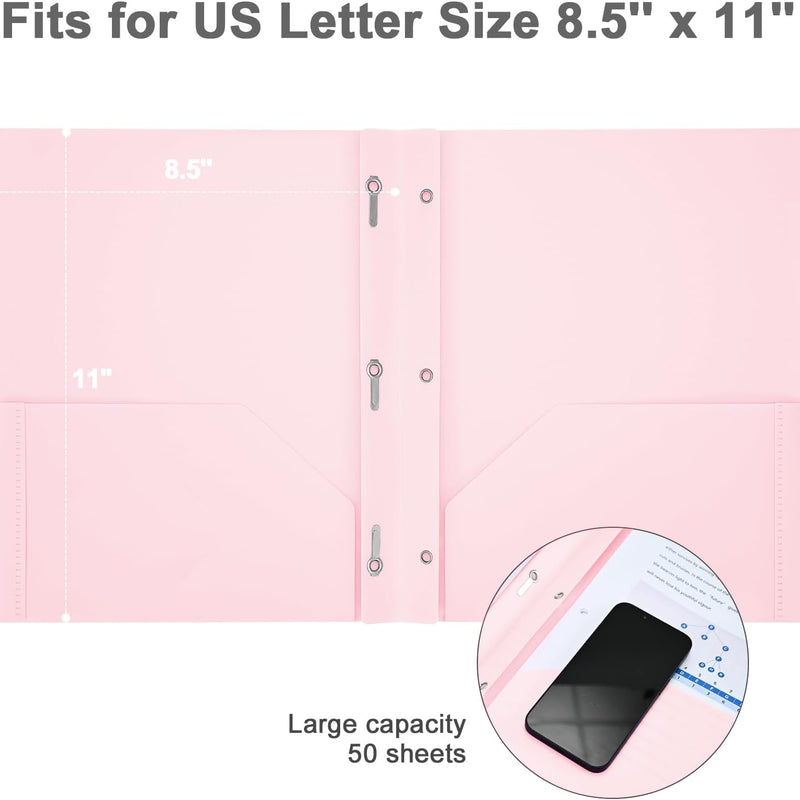 Two-Pocket-Folders with 3 Prongs, Letter Size Plastic Folders with Pockets and Prongs, Poly Plastic Folders for Office & School. 6 Pastel Colors (Pink - 6 Packs)