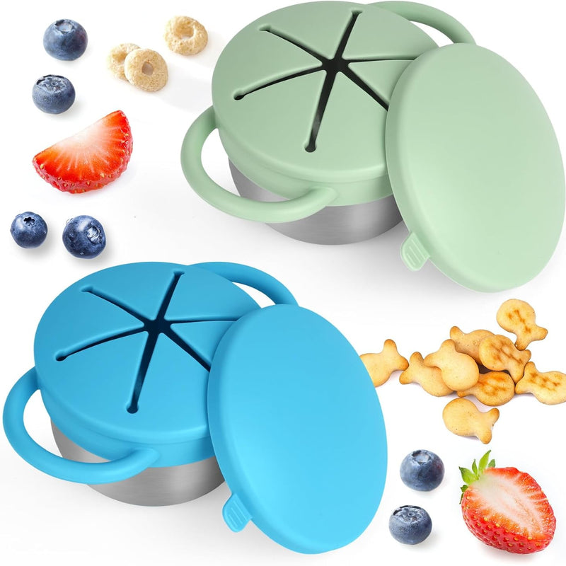 2 Pack Snack Cups for Toddlers Spill Proof - Detachable Stainless Steel Toddler Snack Cups with Silicone Lids & Handles - Dishwasher Safe Snack Container for Mess-Free Snacking（Blue-purple and Green)