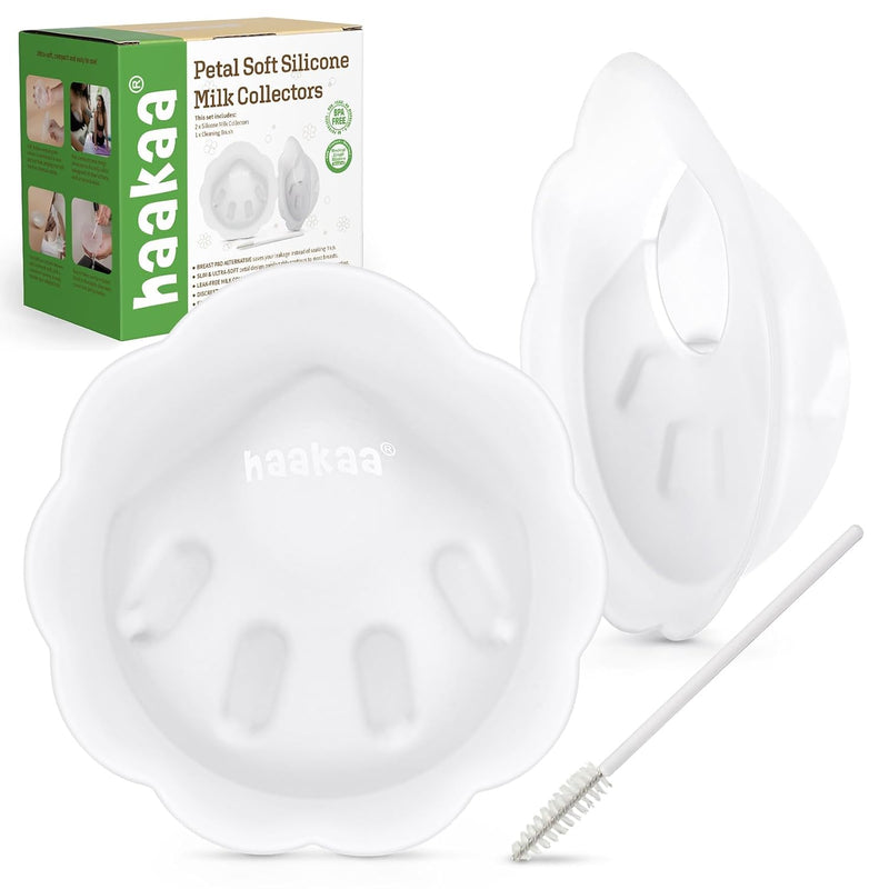 haakaa Petal Soft Silicone Milk Collector for Breastfeeding - 2PCS | Discreet Leak-Protection Breast Milk Saver, Reusable Breast Shells Milk Collection Cup for Breastfeeding with Cleaning Brush
