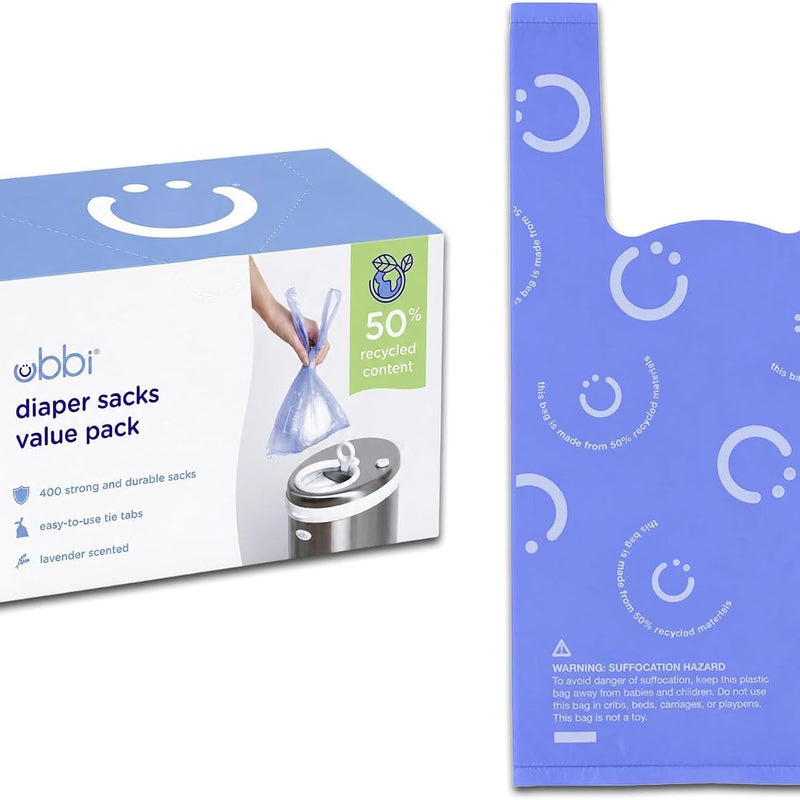 Ubbi Disposable Baby Diaper Sacks, Lavender Scented, 400 Count | Easy-To-Tie Tabs, Made from 50% Recycled Material, Disposable On-The-Go Bags, Diaper Bag and Travel Essential