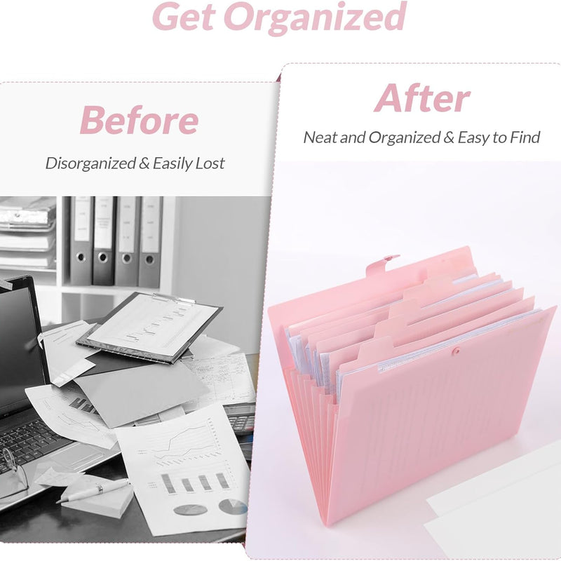 SKYDUE Expanding File Folder, Accordion File Organizer with 8 Pockets, Expandable Document Paper Receipt Holder for School Office Hospital, Letter/A4 Size Pink