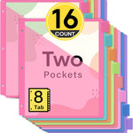 Taja 16 Count Dividers for 3 Ring Binder with Two Pockets, 8 Tabs Set, Plastic Binder Index Dividers, Perfect for Office & School Organization Supplies, Bright Colors, 2 Set