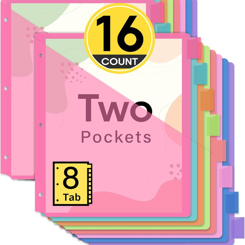Taja 16 Count Dividers for 3 Ring Binder with Two Pockets, 8 Tabs Set, Plastic Binder Index Dividers, Perfect for Office & School Organization Supplies, Bright Colors, 2 Set