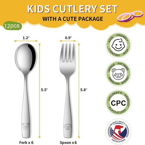 DEHOV Toddler Eating Utensils Set,Set Of 12 Food Grade Stainless Steel Silverware Sets For Kids,Dishwasher Safe Children Small Metal Spoons And Forks Flatware Sets