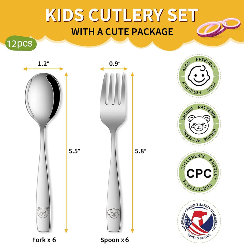 DEHOV Toddler Eating Utensils Set,Set Of 12 Food Grade Stainless Steel Silverware Sets For Kids,Dishwasher Safe Children Small Metal Spoons And Forks Flatware Sets