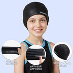 2pcs Silicone Swim Cap for Kids 6-14, High Elasticity Comfortable Non-Slip Swimming Cap for Girls & Boys, Durable Waterproof Swim Hats for Long and Short Hair, Keep Hair Dry