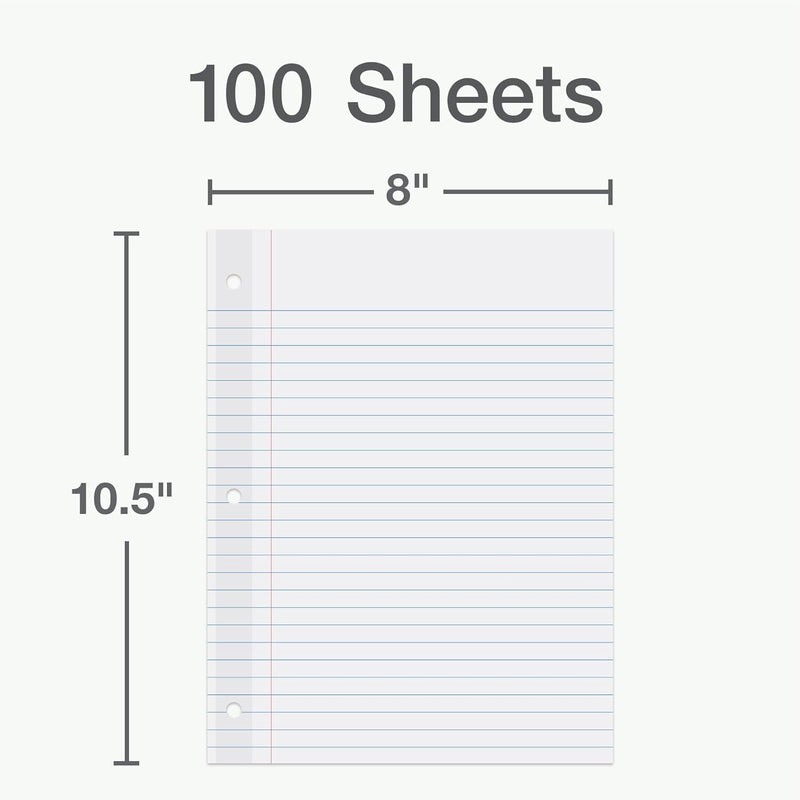 Oxford Reinforced Filler Paper, 8 x 10.5 Inch, Wide Rule, 3 Hole Punched, Lined Loose Leaf Paper for Ring Binders, 100 Sheets, White (1002098)