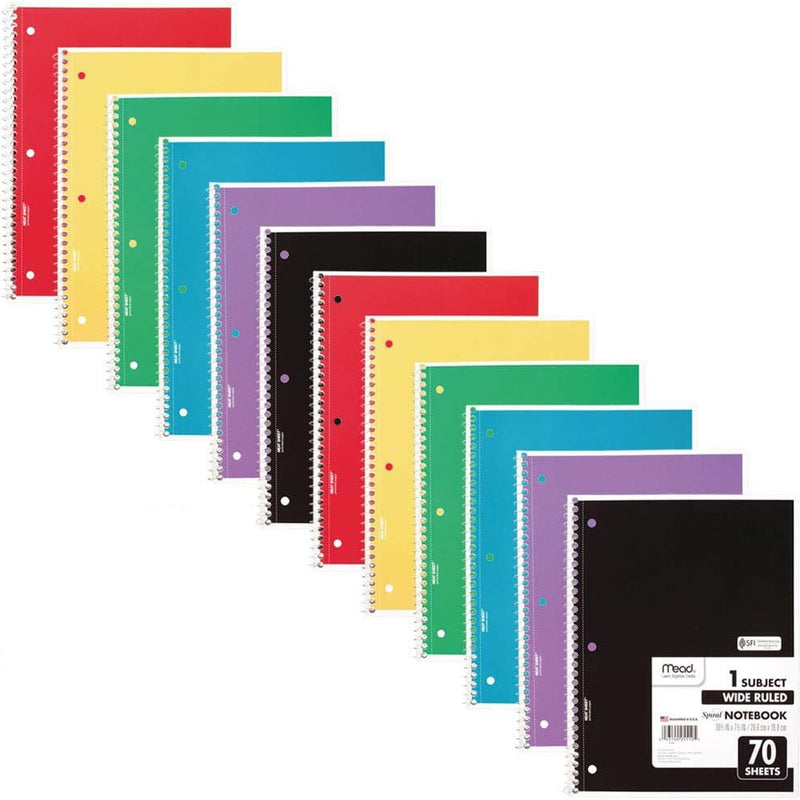 Mead Spiral Notebook, 6 Pack, 1 Subject, Wide Ruled Paper, 7-1/2" x 10-1/2", 70 Sheets per Notebook, Colors Will Vary (930201-ECM25)