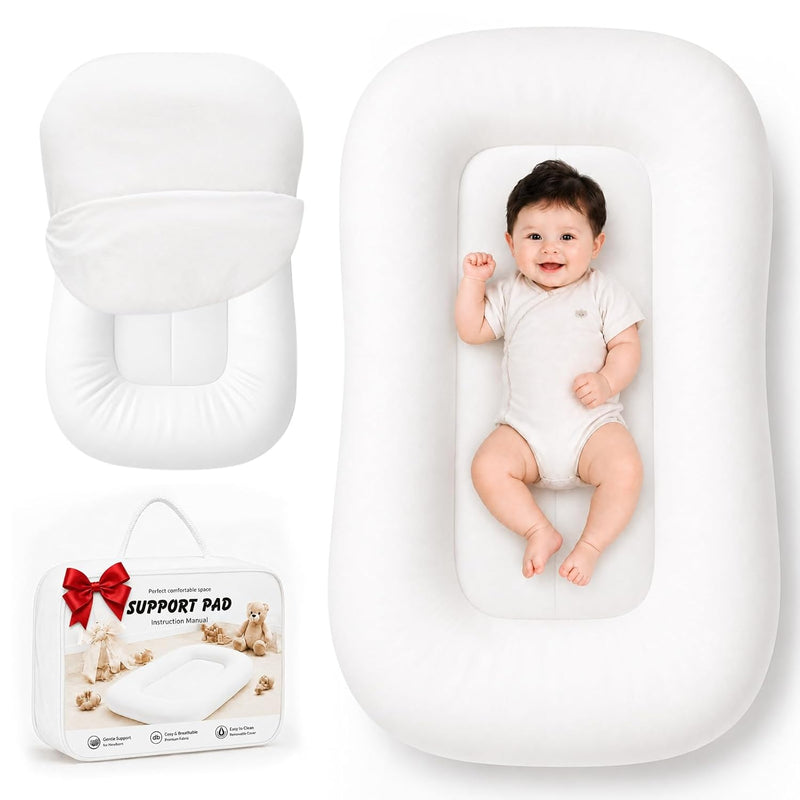 Baby Lounger for Newborns 0-24 Months - Baby Essentials | Soft Breathable Cotton Infant Support Cushion for Tummy Time & Play, Portable Infant Lounger - Cloud White (Cover Included)