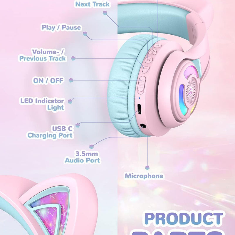 iClever Cat Ear Kids Bluetooth Headphones: Safe Volume, 50-Hour Playtime, LED Lights