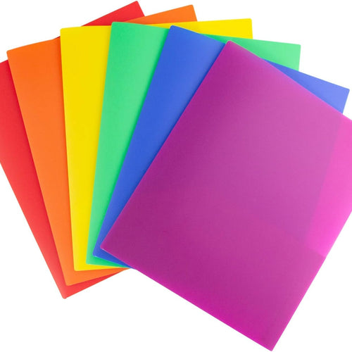 Dunwell Plastic 2-Pocket Folders (6 Pack, Assorted Colors), 8.5x11 Document Folders for School and Office, Heavy Duty Poly, Long Lasting, Includes Labels