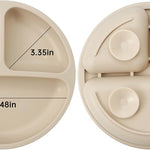 PandaEar Silicone Baby Feeding Set with Divided Suction Plate | 2 Pack Suction Plates, 2 Pack Tiny Cups, 2 Spoons & 2 Forks, Baby Led Weaning, Self Feeding Utensils, Light Tan/Walnut