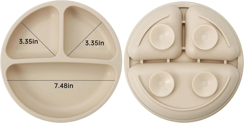 PandaEar Silicone Baby Feeding Set with Divided Suction Plate | 2 Pack Suction Plates, 2 Pack Tiny Cups, 2 Spoons & 2 Forks, Baby Led Weaning, Self Feeding Utensils, Light Tan/Walnut