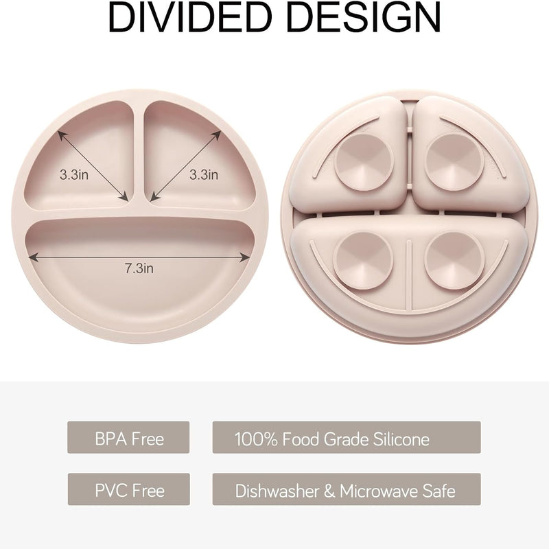 Eascrozn 2 Pack Divided Toddler Plates with Suction, Spoons and Forks Set | BPA Free, Silicone Feeding Set, Baby Led Weaning Supplies, Baby Utensils for Feeding Essentials, Dishwasher Safe