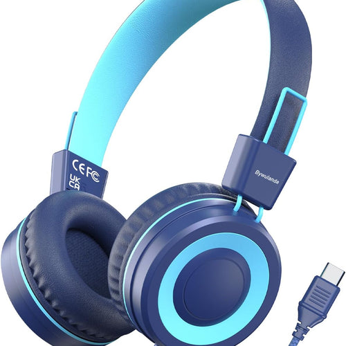 bywulanda upgrade usb type c kids headphones for safe volume limited kids school headphones dark blue