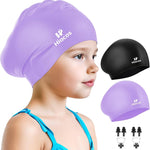 Kids Swim Cap for Girls Boys, 2 Size Silicone Swimming Cap for Long Hair, Waterproof Swim Hats for Toddlers Children Teens to Keep Hair Dry